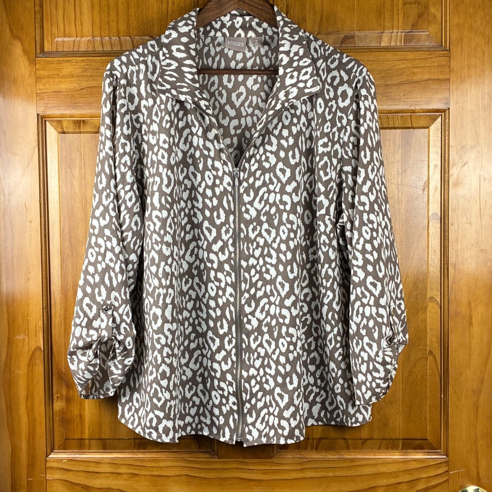 Chico's Zip Front Roll Tab Sleeve Blouse Sz 3 Brown White Leopard Animal Print